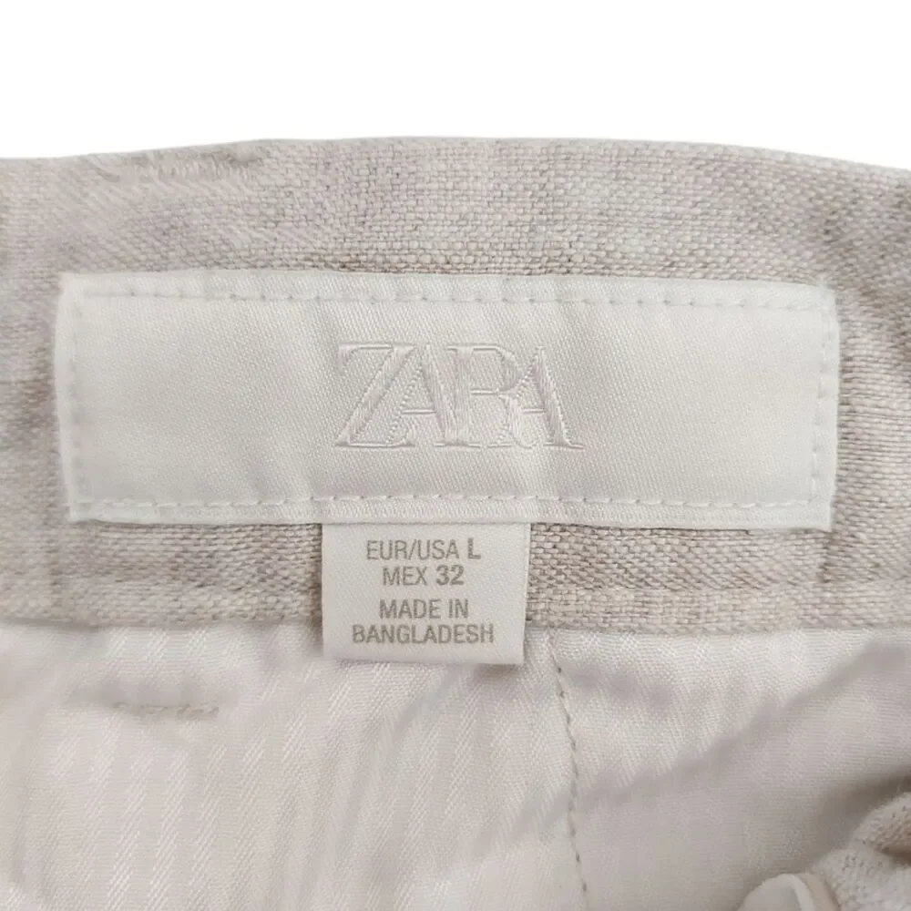 Zara Pants Trousers Mens Large Beige 100% Linen Straight Leg Lounge Beach